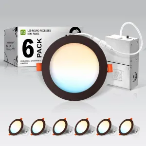 ASD 6 Pack LED Recessed Lighting 6 Inch, 5 CCT 2700K-5000K, 15W 60W Eqv, Ultra Thin Dimmable Ceiling Lights with J Box, Canless Wafer Downlight, Round Slim Panel, UL Energy Star, Oil-Rubbed Bronze