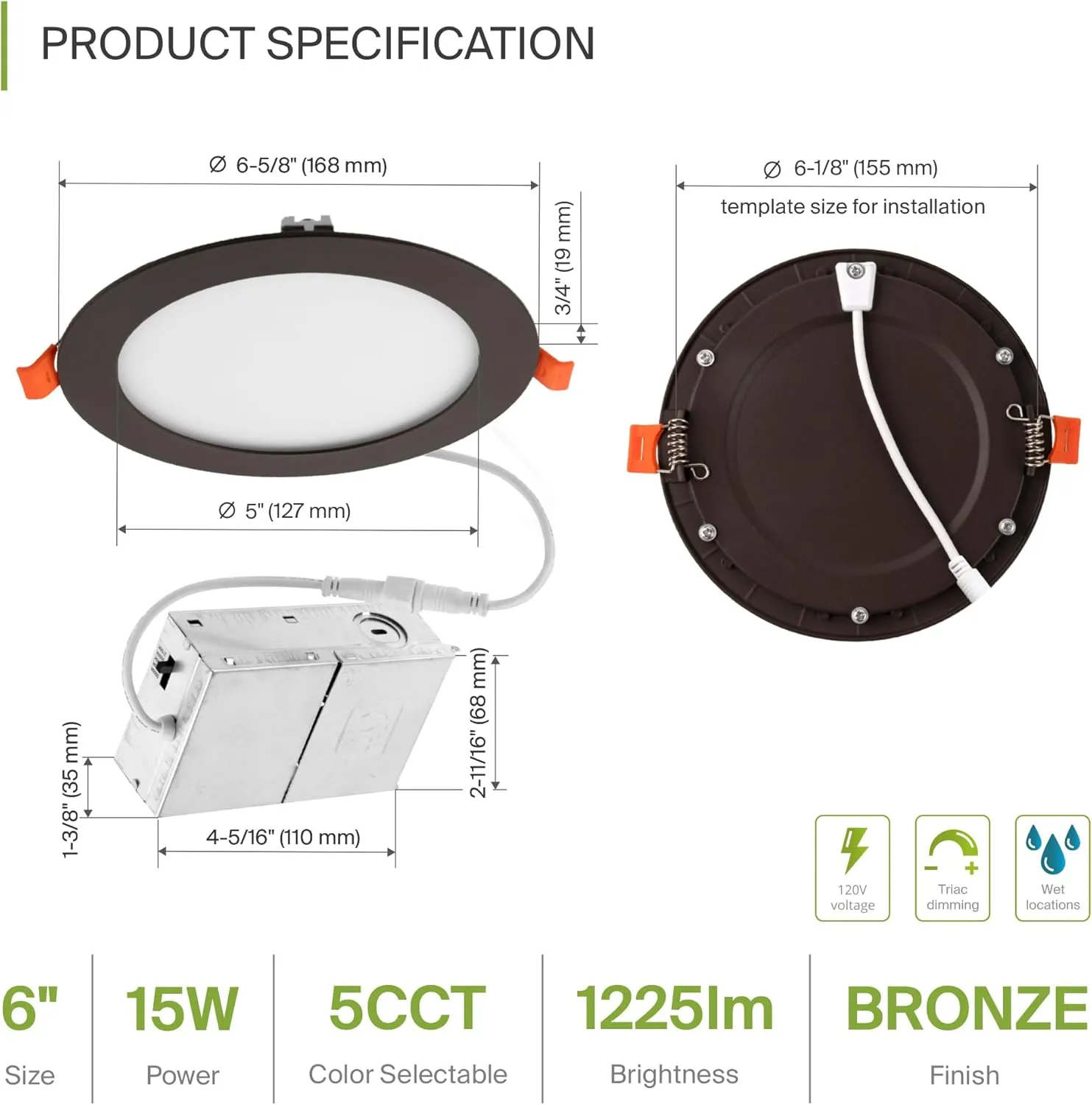 ASD 6 Pack LED Recessed Lighting 6 Inch, 5 CCT 2700K-5000K, 15W 60W Eqv, Ultra Thin Dimmable Ceiling Lights with J Box, Canless Wafer Downlight, Round Slim Panel, UL Energy Star, Oil-Rubbed Bronze