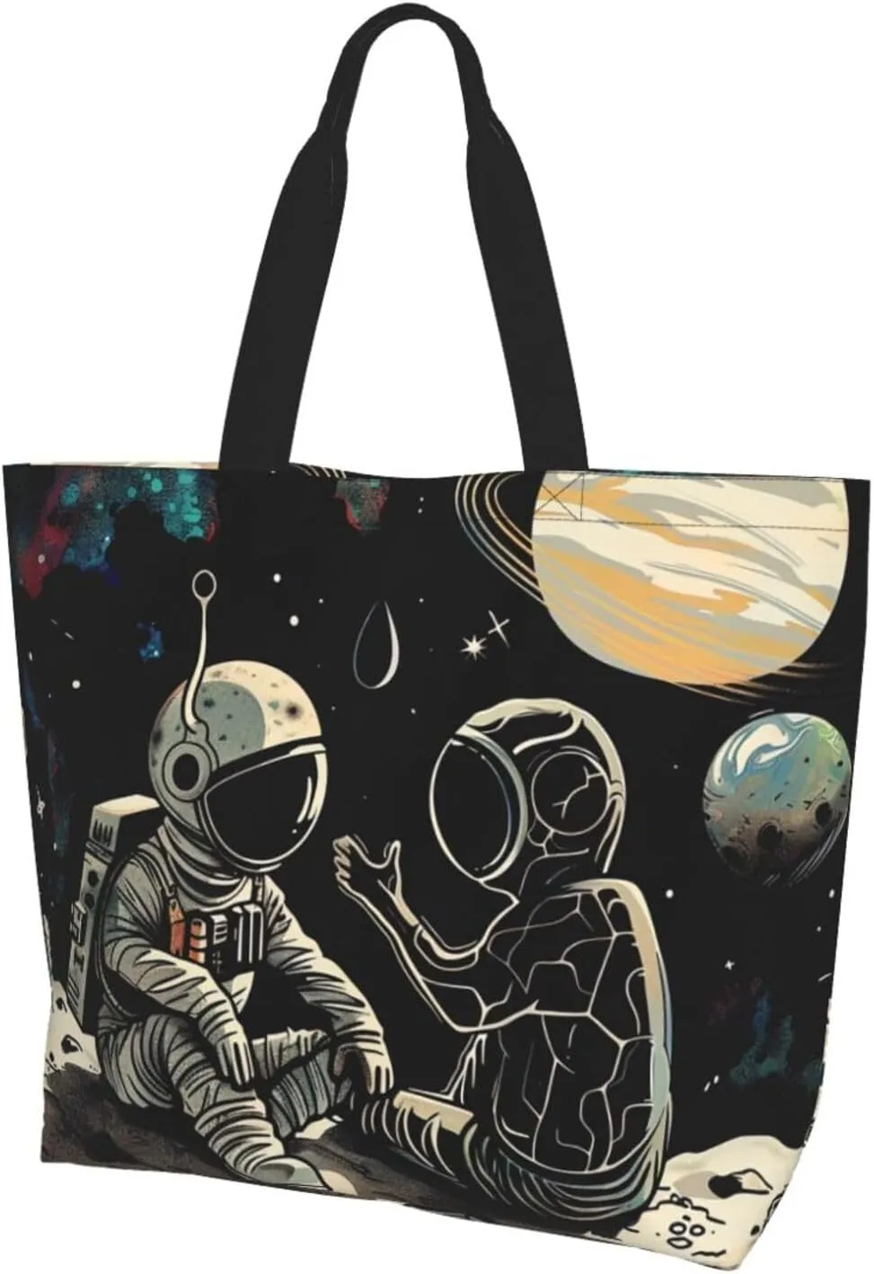Astronaut Alien Print Shoulder Bag Women Casual Handbag Shopping Bag Black One Size, black, Einheitsgröße