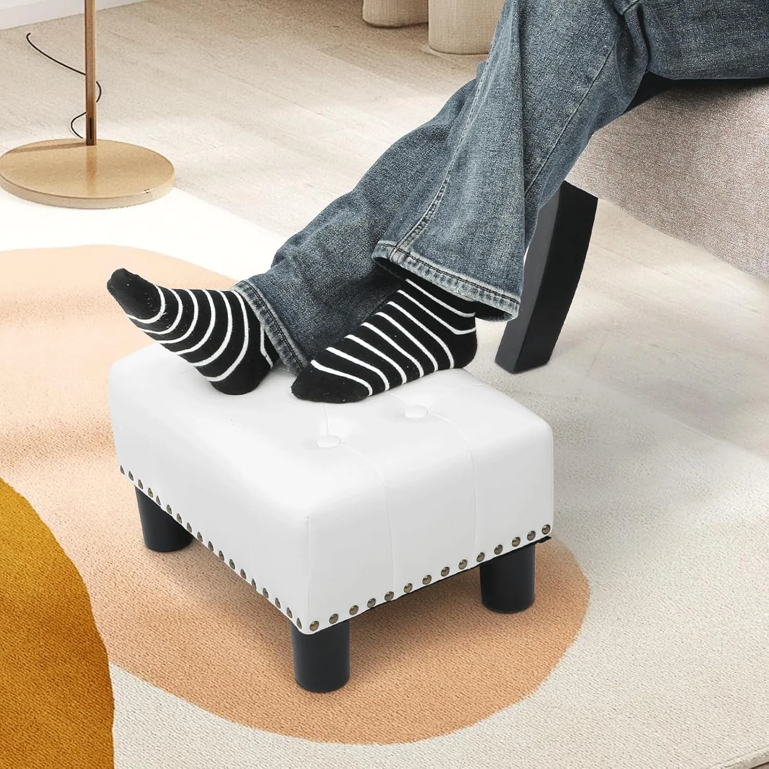Athena Collection Small Ottoman, Leather Upholstered Foot Stool with Rectangular Foot Rest, Mini Ottoman with Legs & Nailhead Trim, White