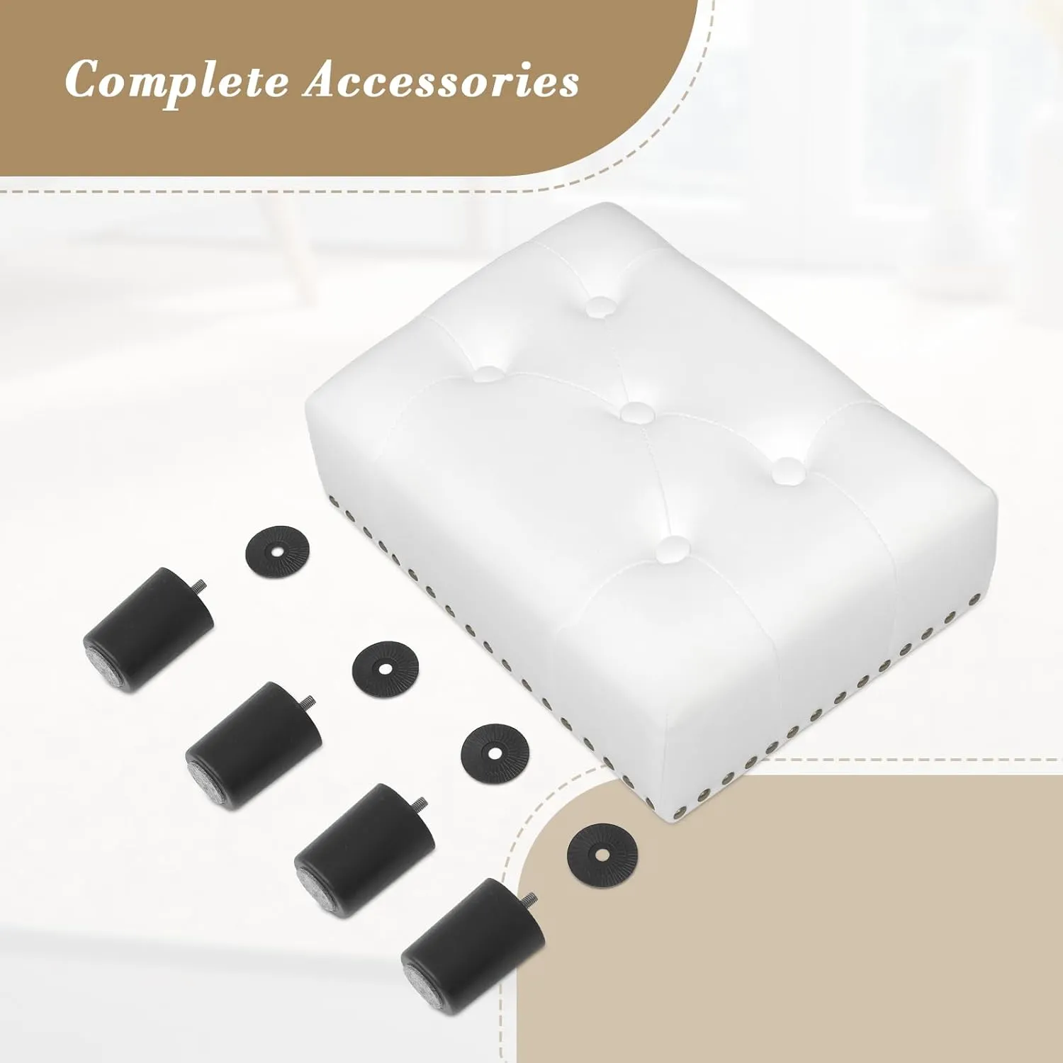 Athena Collection Small Ottoman, Leather Upholstered Foot Stool with Rectangular Foot Rest, Mini Ottoman with Legs & Nailhead Trim, White