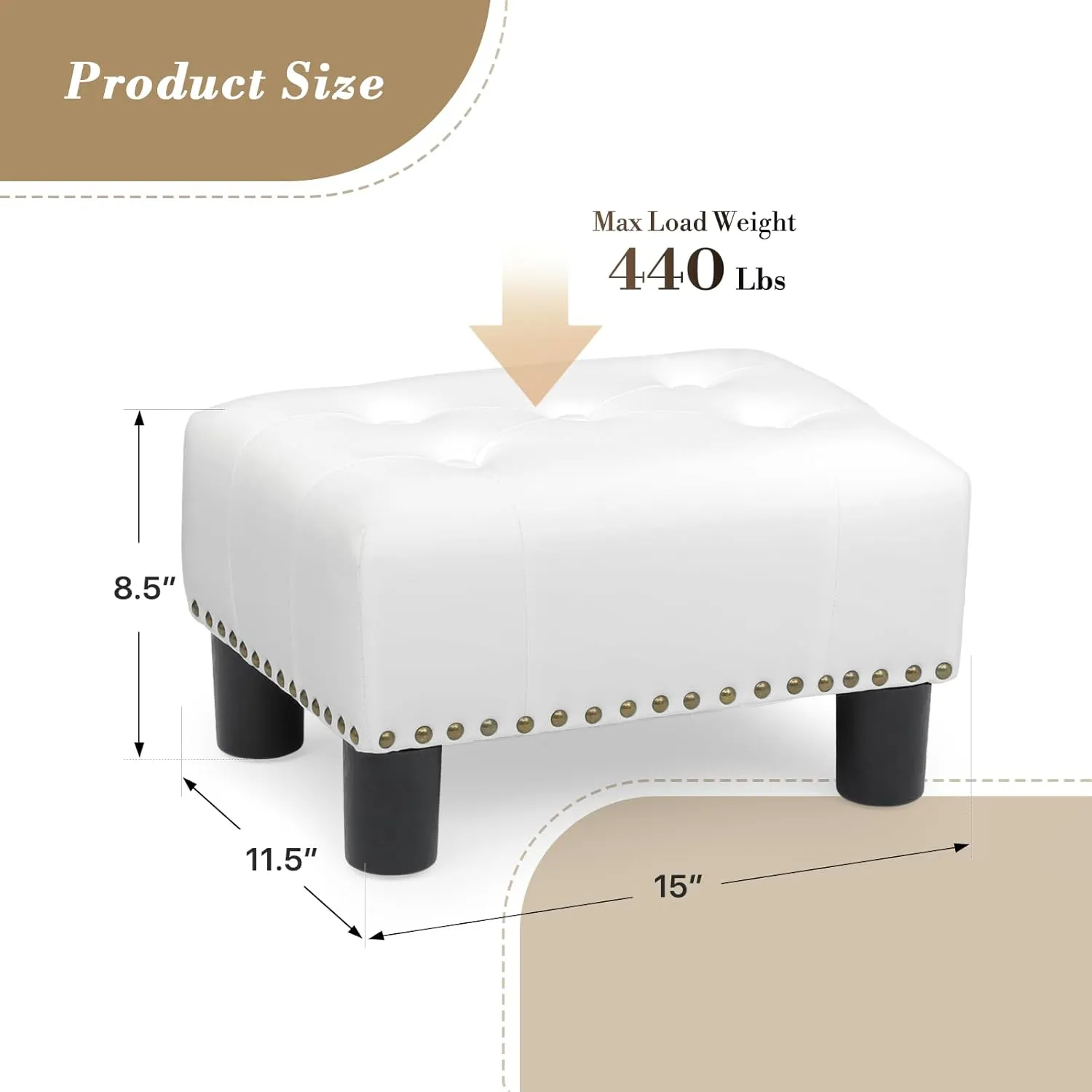 Athena Collection Small Ottoman, Leather Upholstered Foot Stool with Rectangular Foot Rest, Mini Ottoman with Legs & Nailhead Trim, White