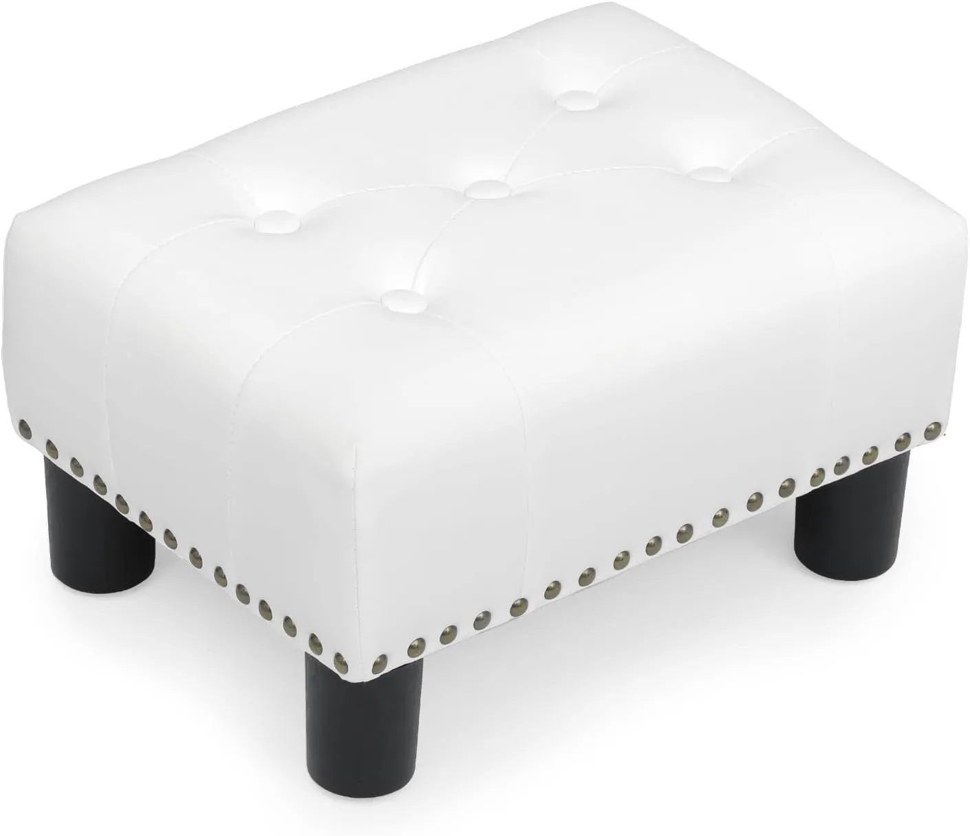 Athena Collection Small Ottoman, Leather Upholstered Foot Stool with Rectangular Foot Rest, Mini Ottoman with Legs & Nailhead Trim, White