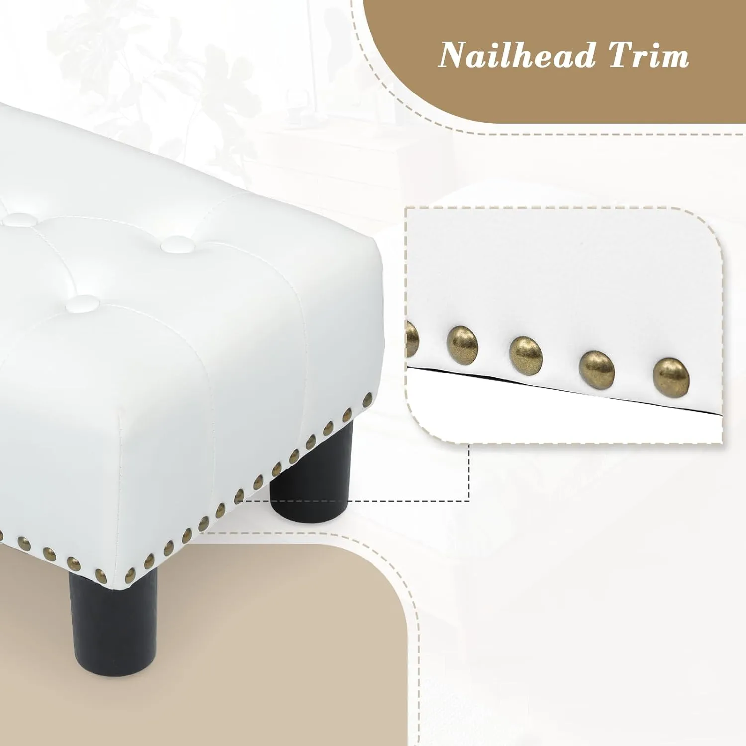 Athena Collection Small Ottoman, Leather Upholstered Foot Stool with Rectangular Foot Rest, Mini Ottoman with Legs & Nailhead Trim, White