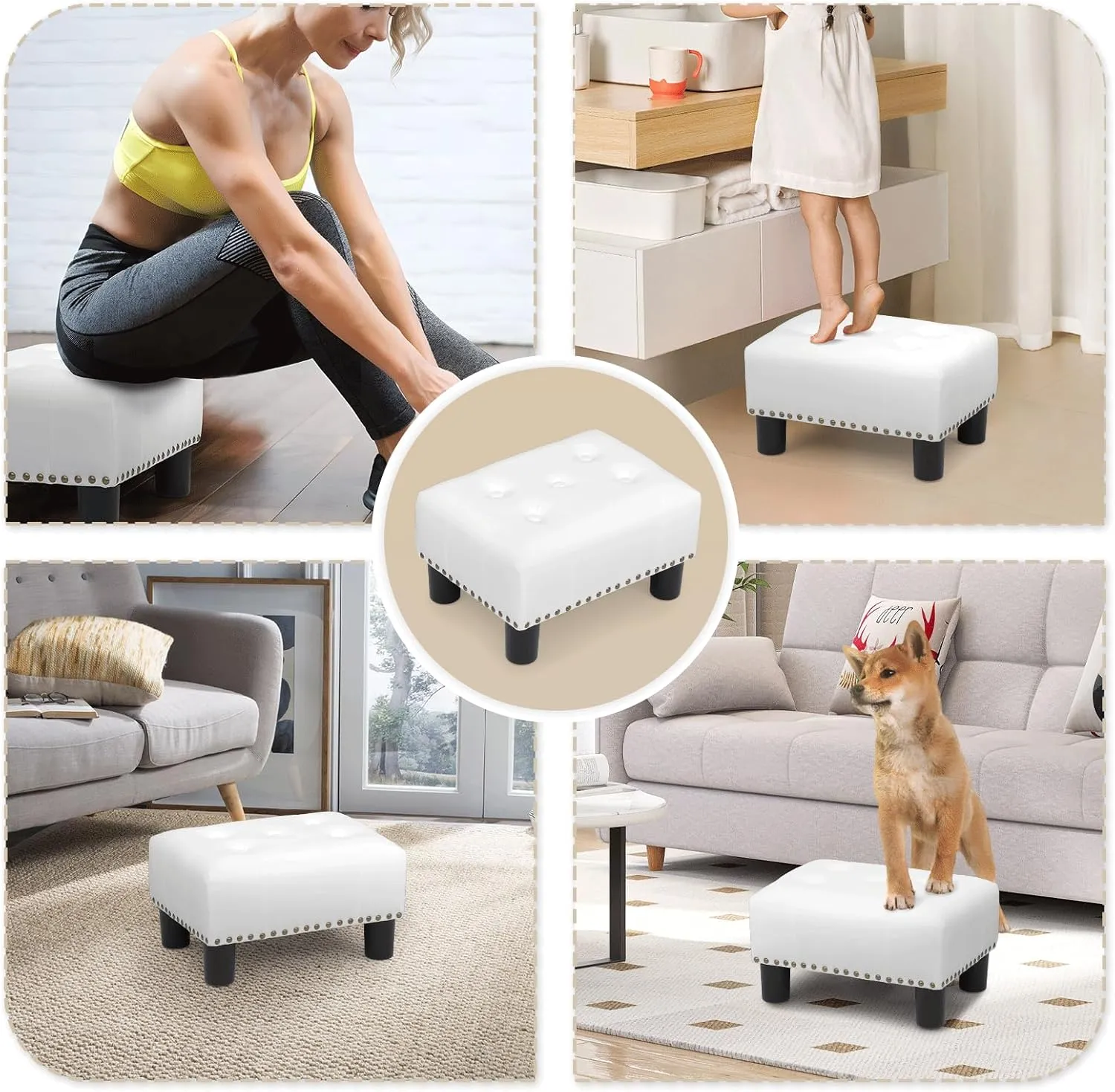 Athena Collection Small Ottoman, Leather Upholstered Foot Stool with Rectangular Foot Rest, Mini Ottoman with Legs & Nailhead Trim, White