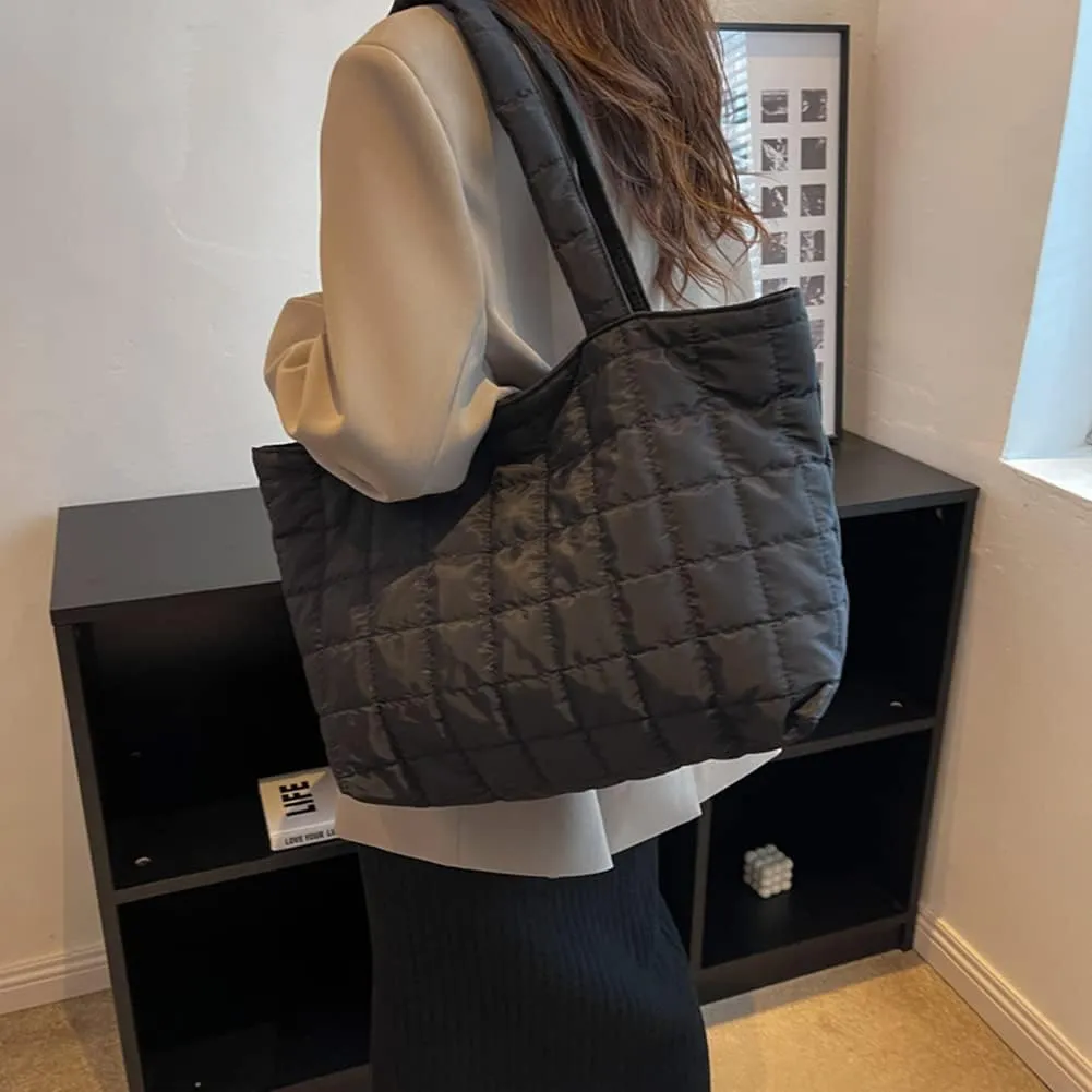 Autumn Winter Women Tote Bag Quilted Shoulder Handbags Rhombus Pattern Purses Handbags Solid for Daily Holiday