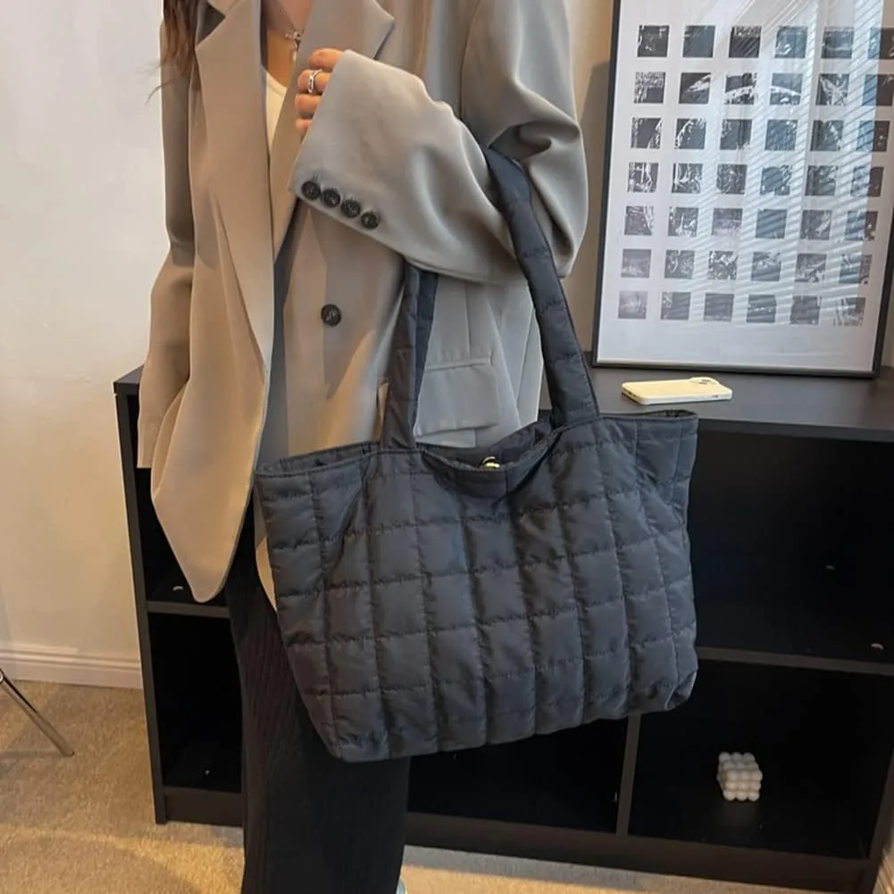 Autumn Winter Women Tote Bag Quilted Shoulder Handbags Rhombus Pattern Purses Handbags Solid for Daily Holiday