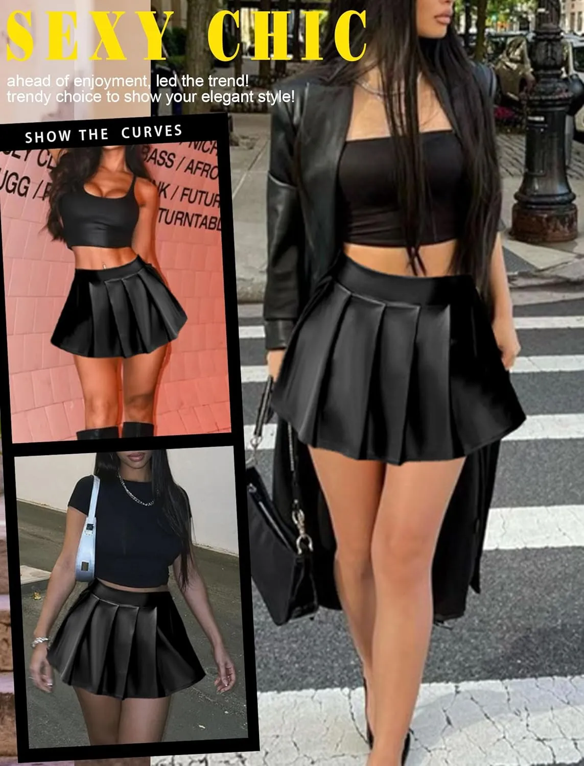 Avidlove Short Mini Skirts for Women Trendy High Waisted Faux Leather Pleated Solid Ruffle Skirt
