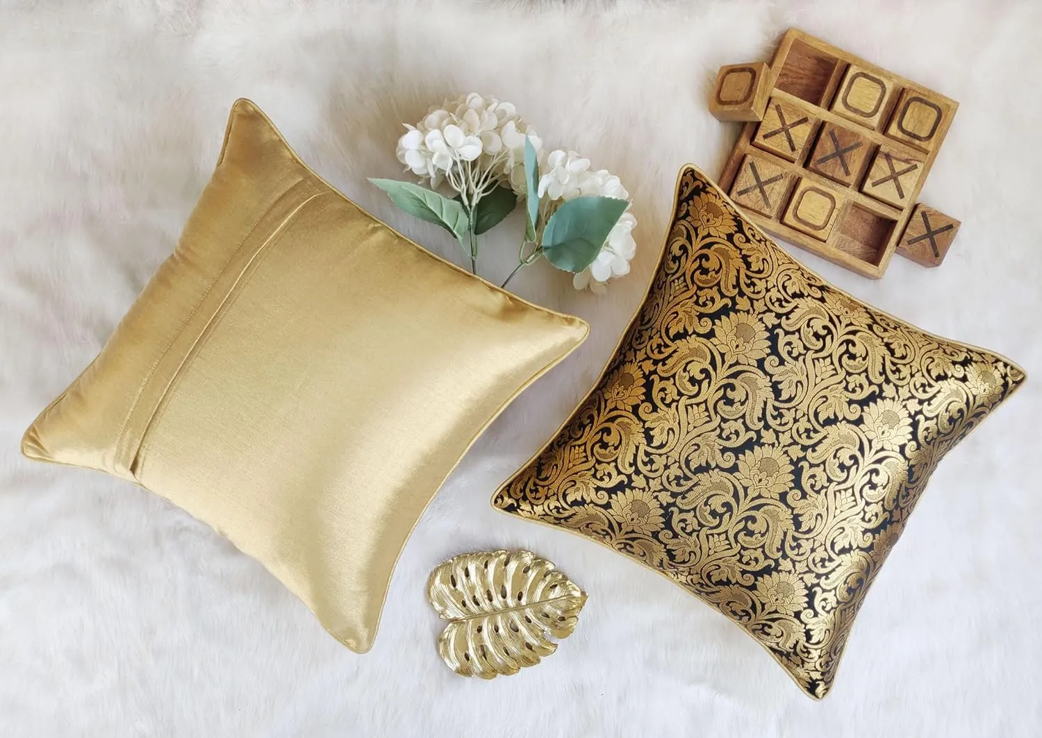 AVKA Studio Throw Pillow Covers - Pack of 2 Floral Brocade Decorative Pillows - Black & Antique Gold 20X20 - Indian Faux Silk Jacquard Cushion Cover - Cover Only