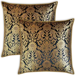 AVKA Studio Throw Pillow Covers - Pack of 2 Floral Brocade Decorative Pillows - Black & Antique Gold 20X20 - Indian Faux Silk Jacquard Cushion Cover - Cover Only