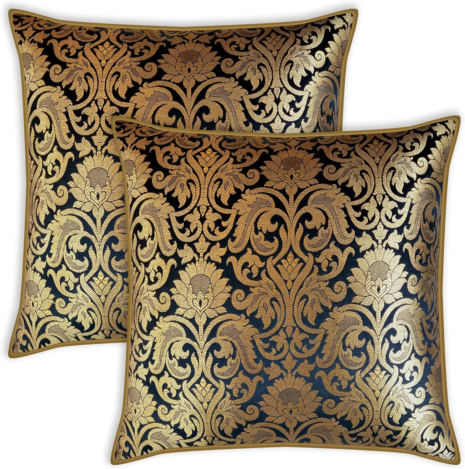 AVKA Studio Throw Pillow Covers - Pack of 2 Floral Brocade Decorative Pillows - Black & Antique Gold 20X20 - Indian Faux Silk Jacquard Cushion Cover - Cover Only