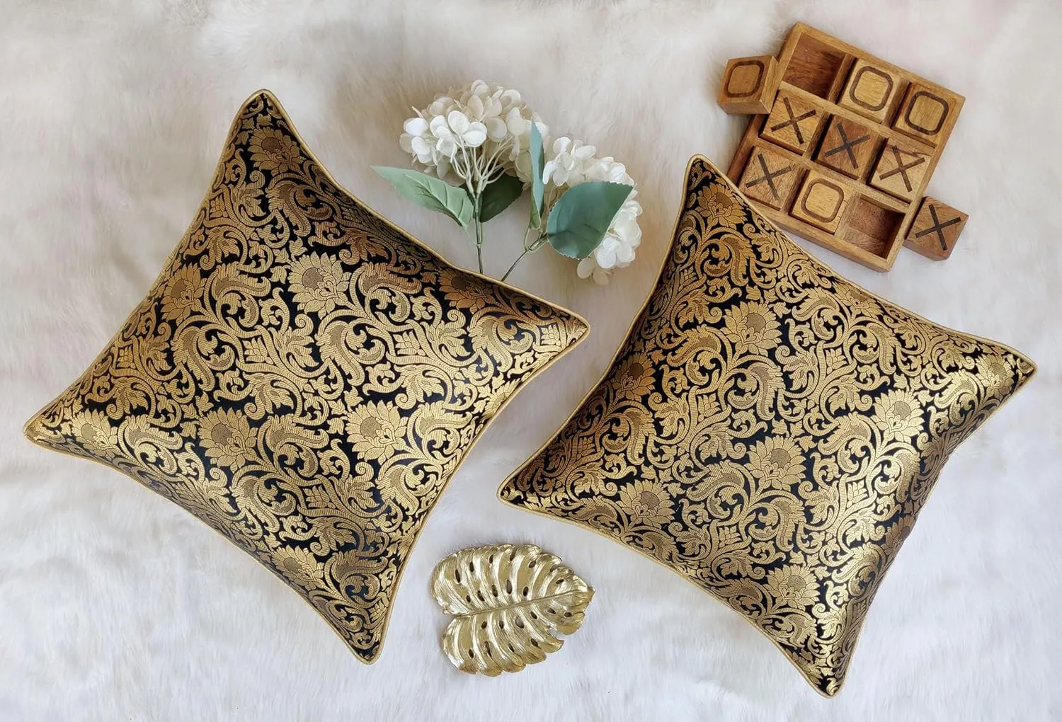 AVKA Studio Throw Pillow Covers - Pack of 2 Floral Brocade Decorative Pillows - Black & Antique Gold 20X20 - Indian Faux Silk Jacquard Cushion Cover - Cover Only