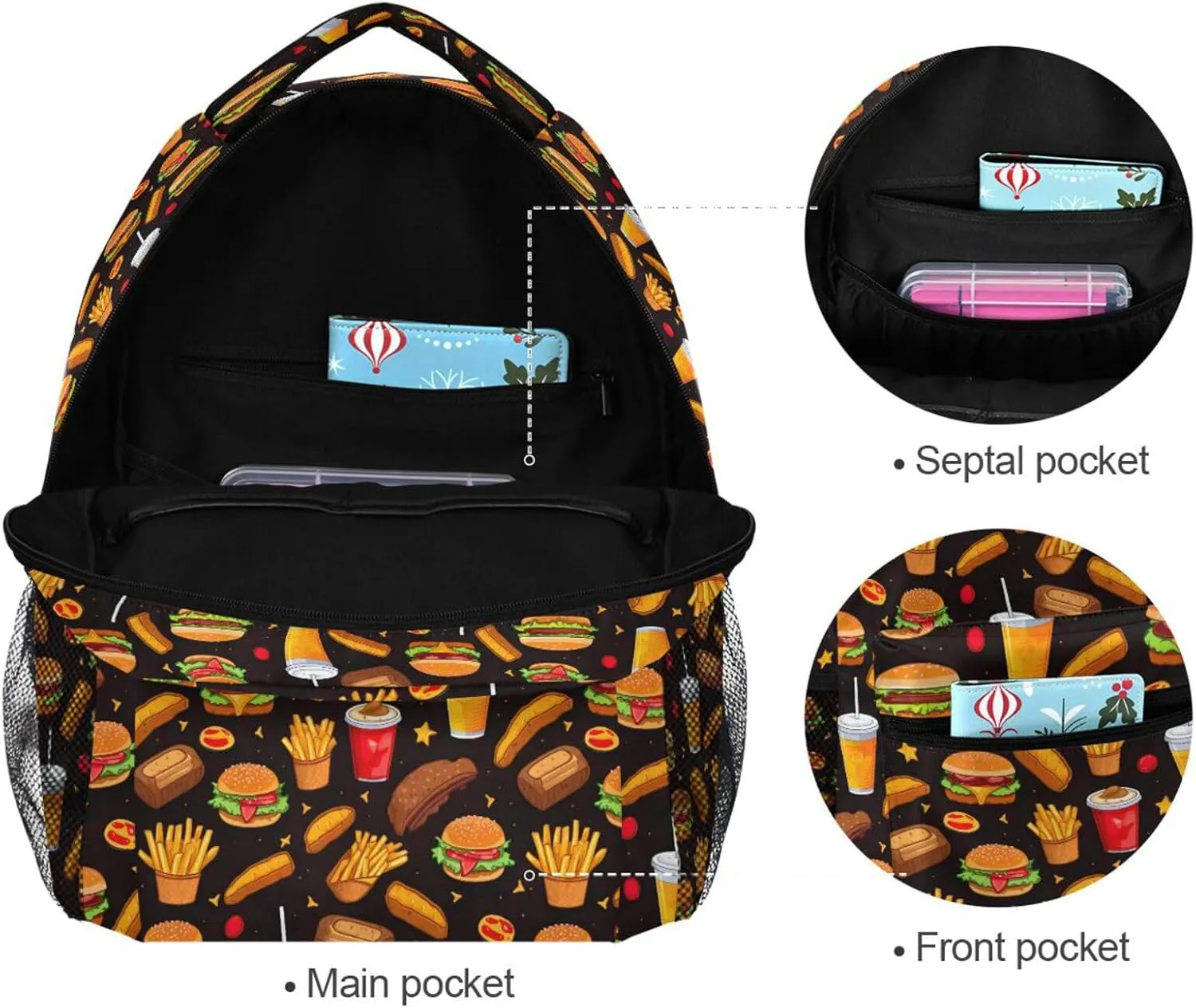 Backpack for Boys Girls Burger Fast Food Pattern Lightweight Shoulder Bag Elementary Middle High School Bookbag Laptop Bags Daypack Rucksack for Men Women Teens Outdoor Travel S