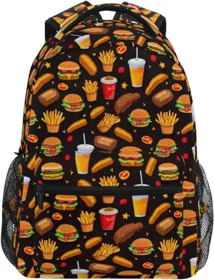 Backpack for Boys Girls Burger Fast Food Pattern Lightweight Shoulder Bag Elementary Middle High School Bookbag Laptop Bags Daypack Rucksack for Men Women Teens Outdoor Travel S