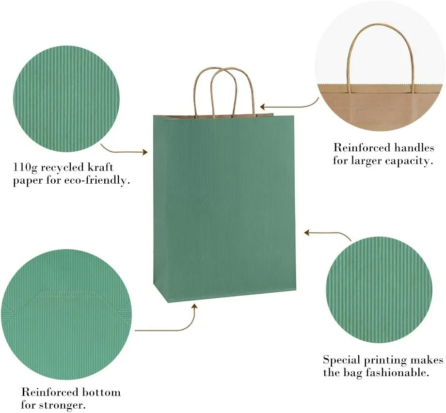 BagDream Gift Bags 10x5x13 25Pcs Kraft Paper Shopping Bags with Handles, for Gifts, Business, Merchandise, Retail, Birthday Party Favor, Green Striped Recycled Paper Sacks