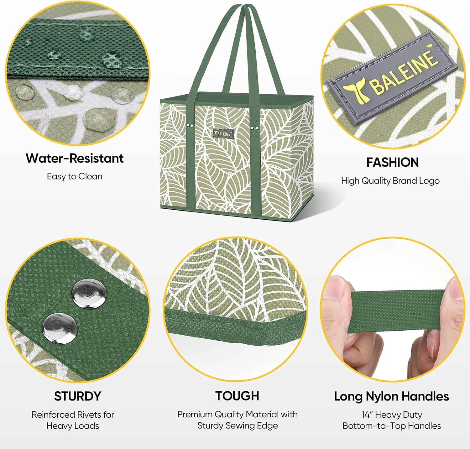 BALEINE 3Pk Reusable Grocery Bags, Foldable Shopping Bags for Groceries with Reinforced Bottom & Handles (Antique Foliage)