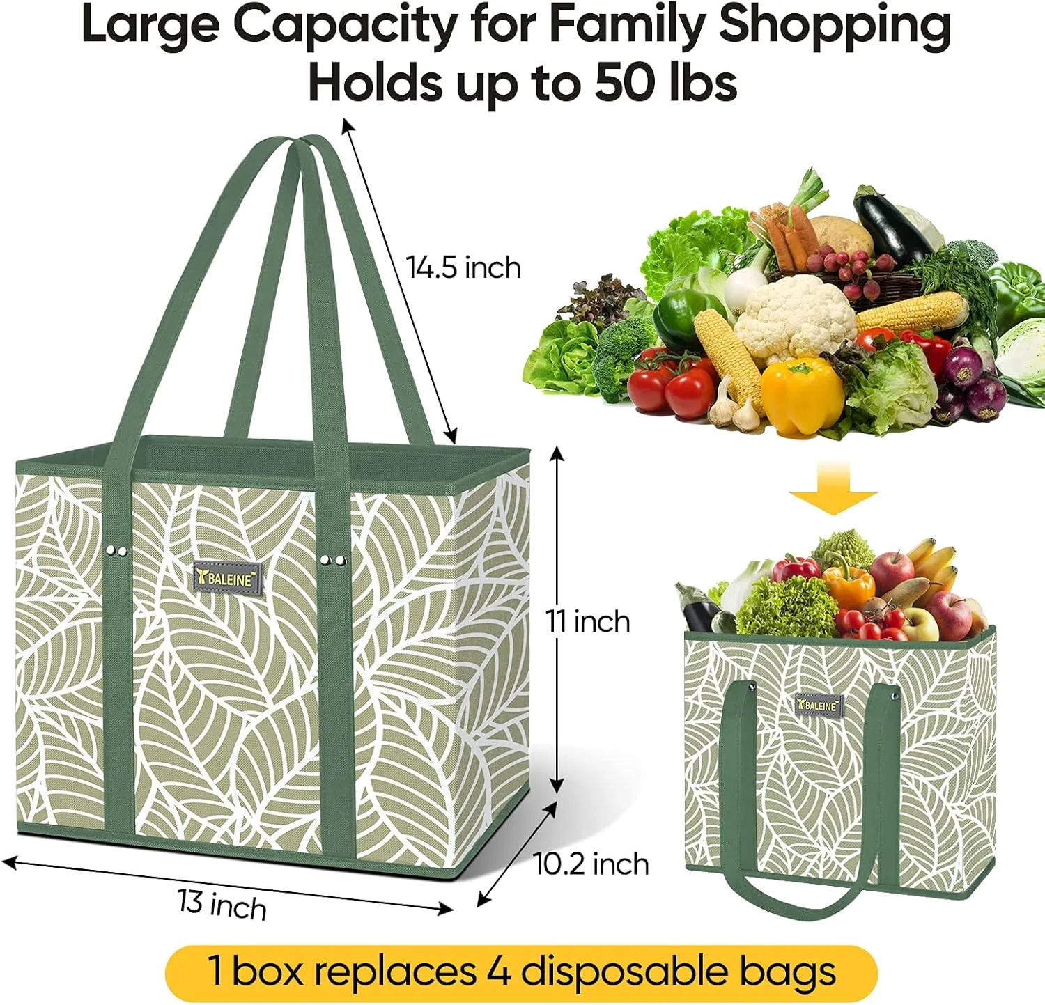 BALEINE 3Pk Reusable Grocery Bags, Foldable Shopping Bags for Groceries with Reinforced Bottom & Handles (Antique Foliage)