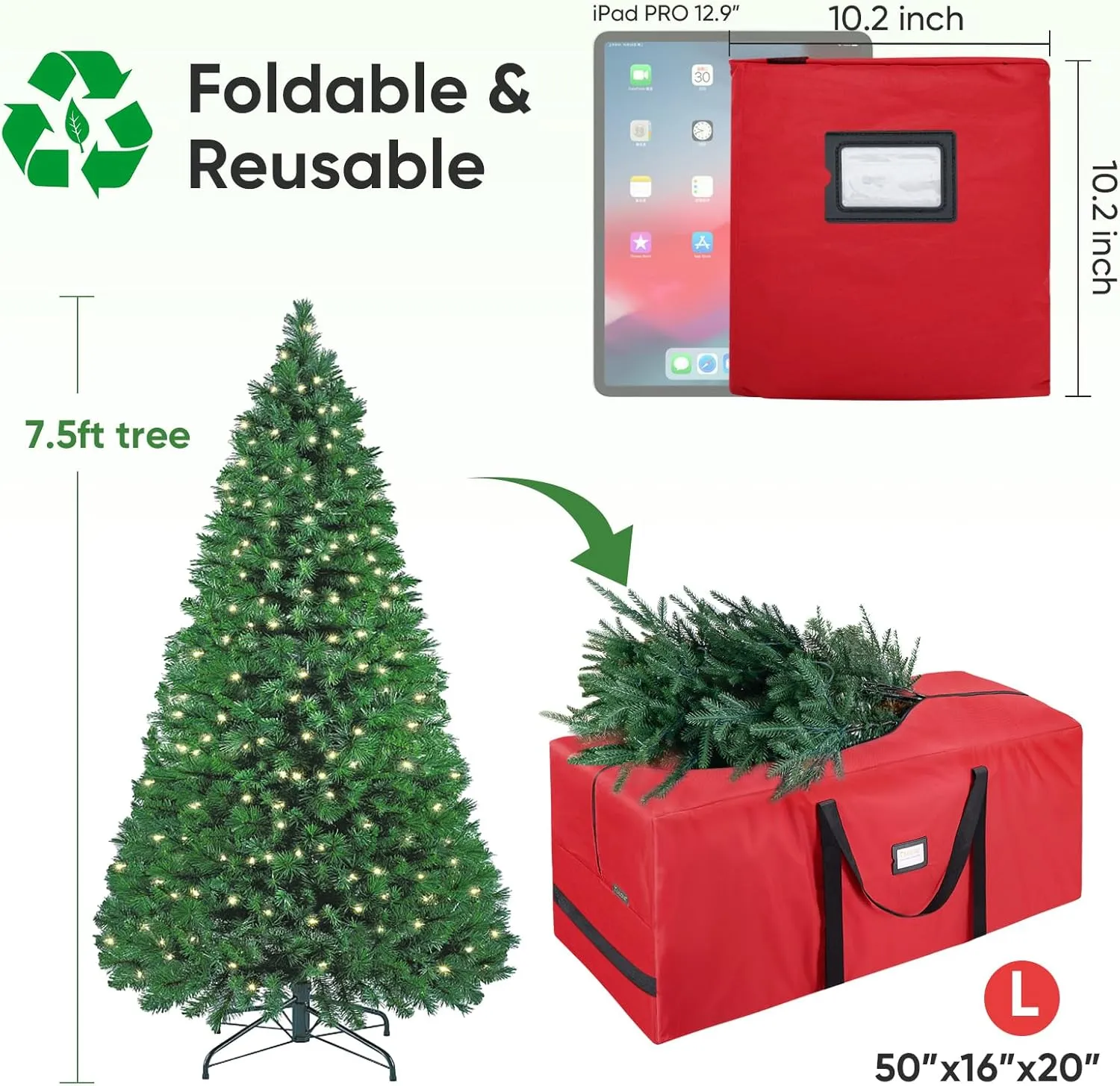 BALEINE 7.5 ft Christmas Tree Storage Bag, Heavy Duty 900D Oxford Fabric with Reinforced Handles and Dual Zippers Wide Opening, Extra Large Storage Container for Trees and Decorations (Red)