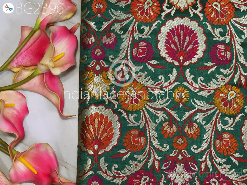 Banarasi Indian Emerald Green Brocade Fabric By Yard Bridal Wedding Skirt Dresses Varanasi Silk Sewing Costumes Lehenga Drapery Blouses Table Runner Fabric