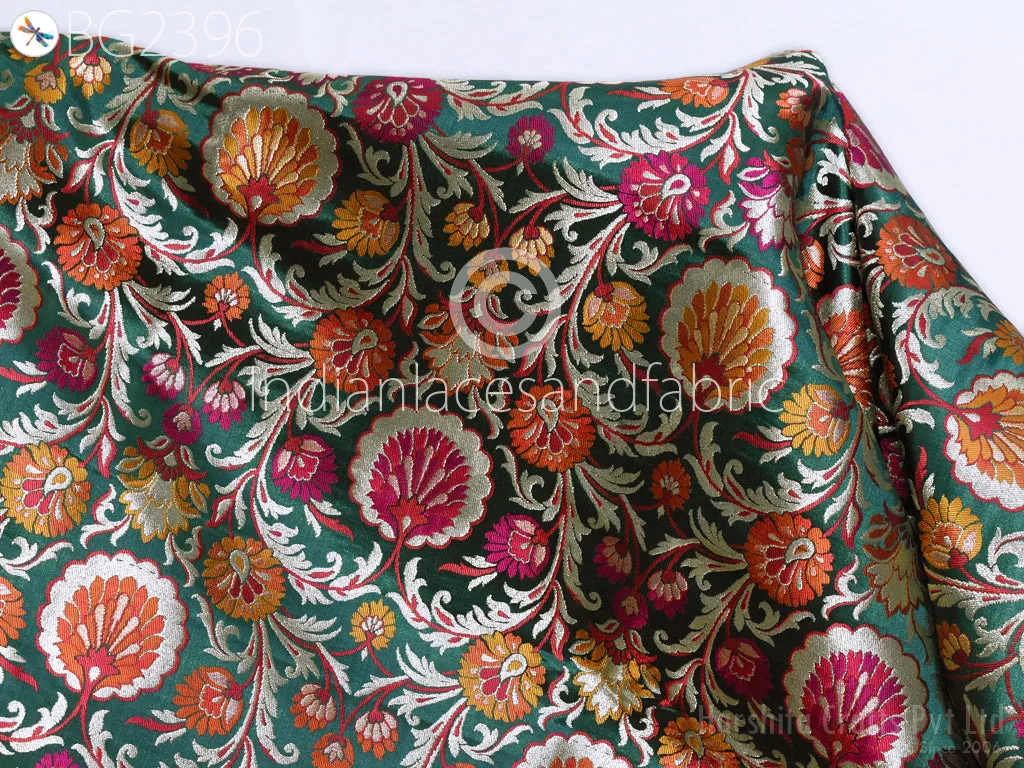 Banarasi Indian Emerald Green Brocade Fabric By Yard Bridal Wedding Skirt Dresses Varanasi Silk Sewing Costumes Lehenga Drapery Blouses Table Runner Fabric