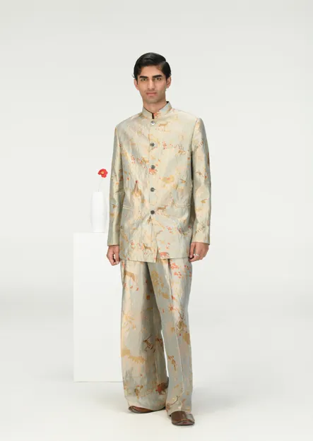 Bandhgala Silk Brocade Ice Blue