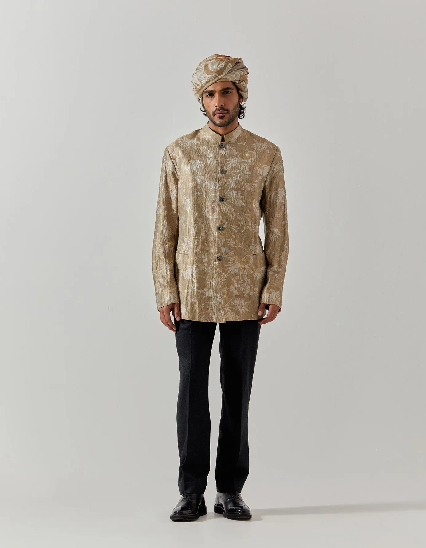 Bandhgala Silk Brocade Oyster Grey Rainforest