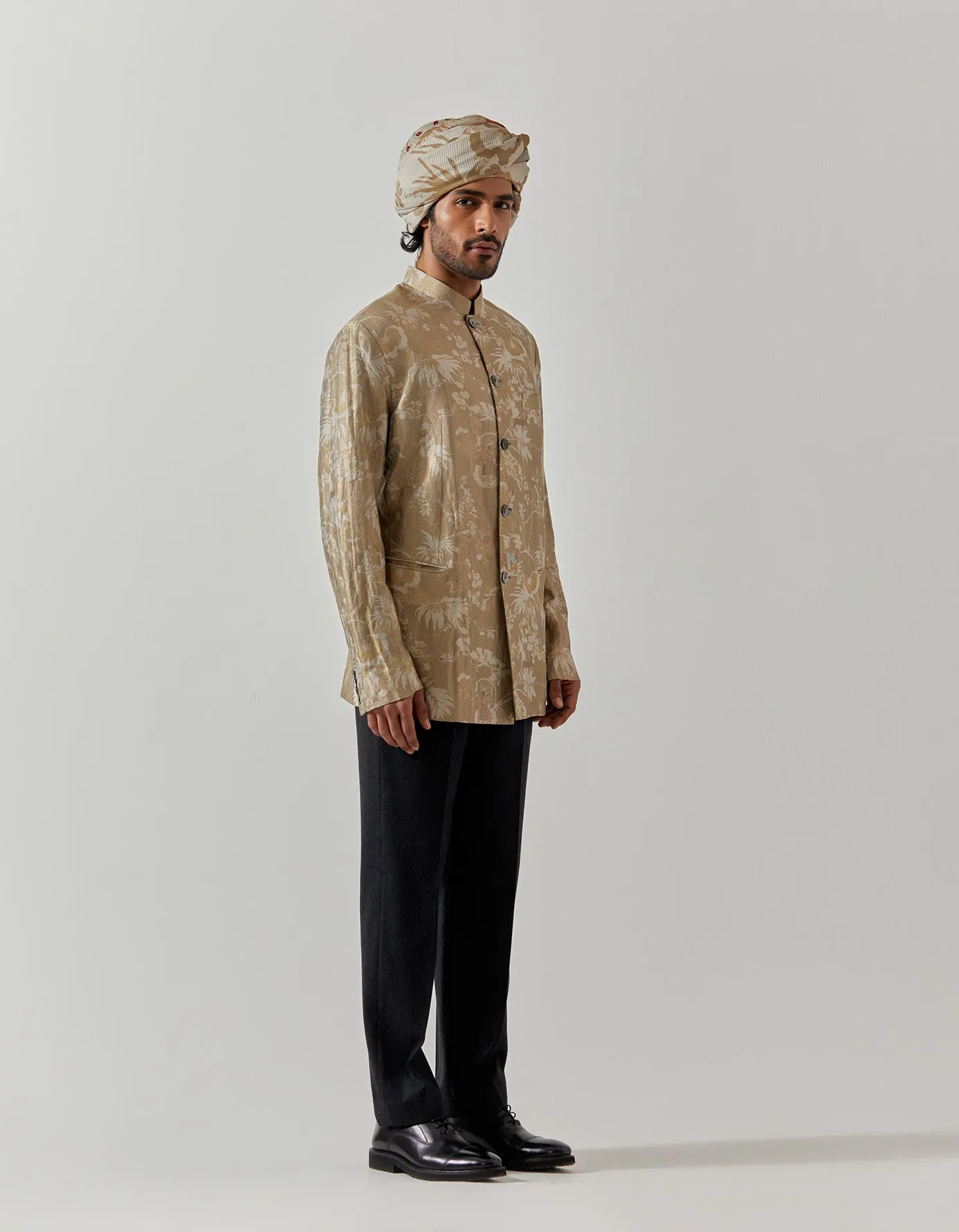 Bandhgala Silk Brocade Oyster Grey Rainforest