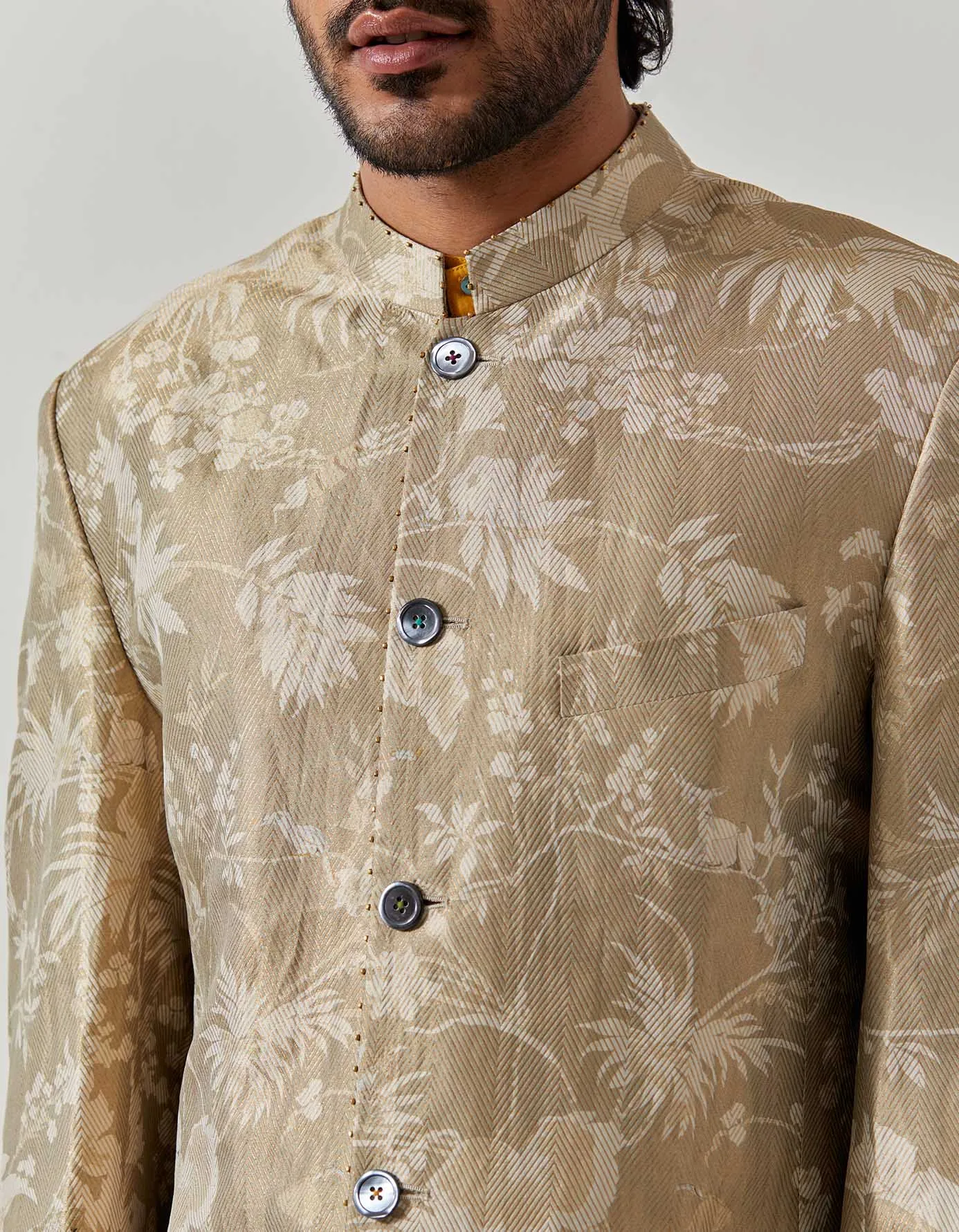 Bandhgala Silk Brocade Oyster Grey Rainforest