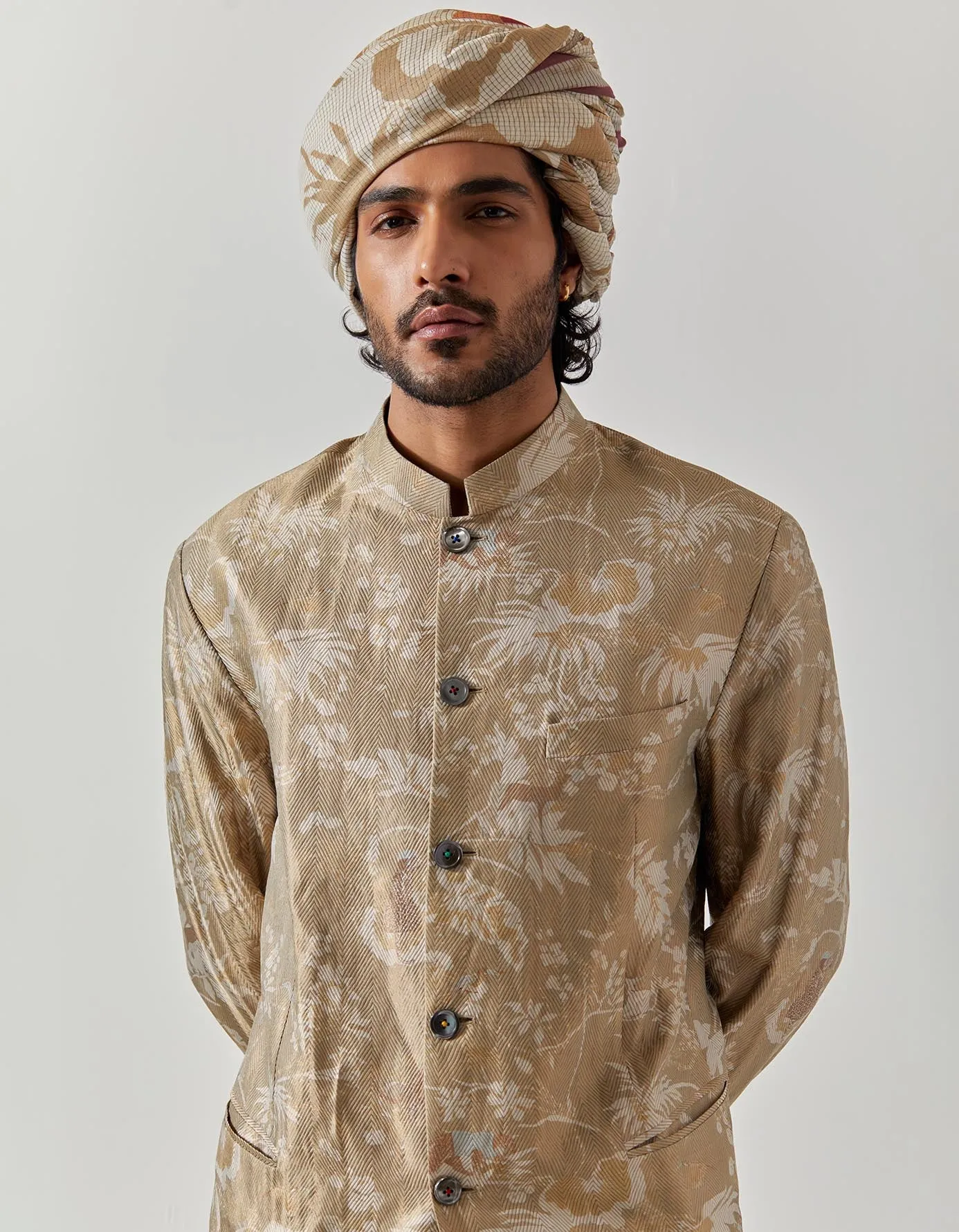 Bandhgala Silk Brocade Oyster Grey Rainforest