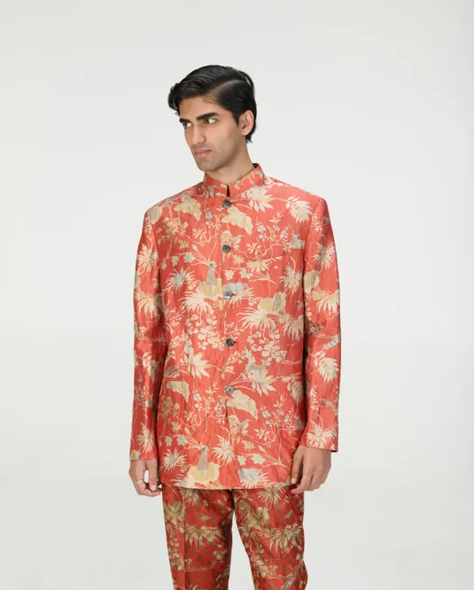 Bandhgala Silk Brocade Zig Zag Red