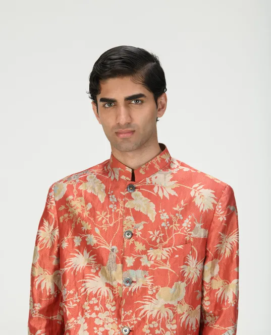 Bandhgala Silk Brocade Zig Zag Red