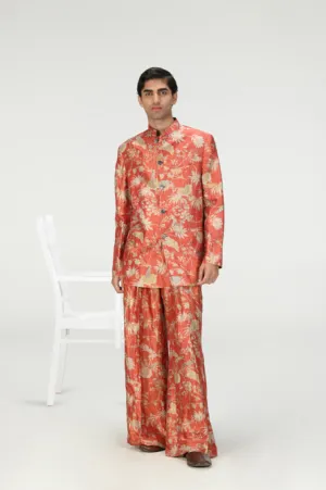 Bandhgala Silk Brocade Zig Zag Red