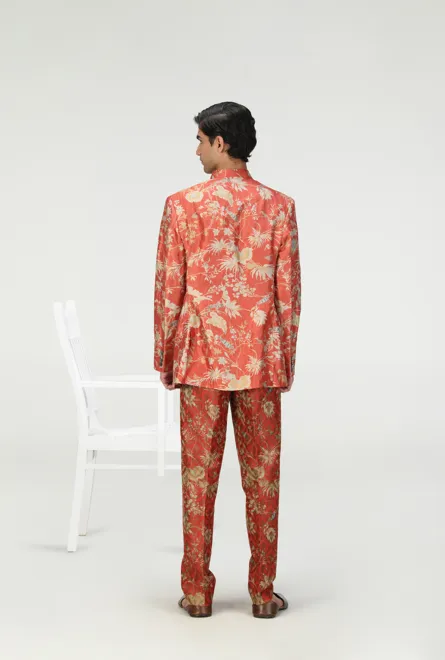 Bandhgala Silk Brocade Zig Zag Red