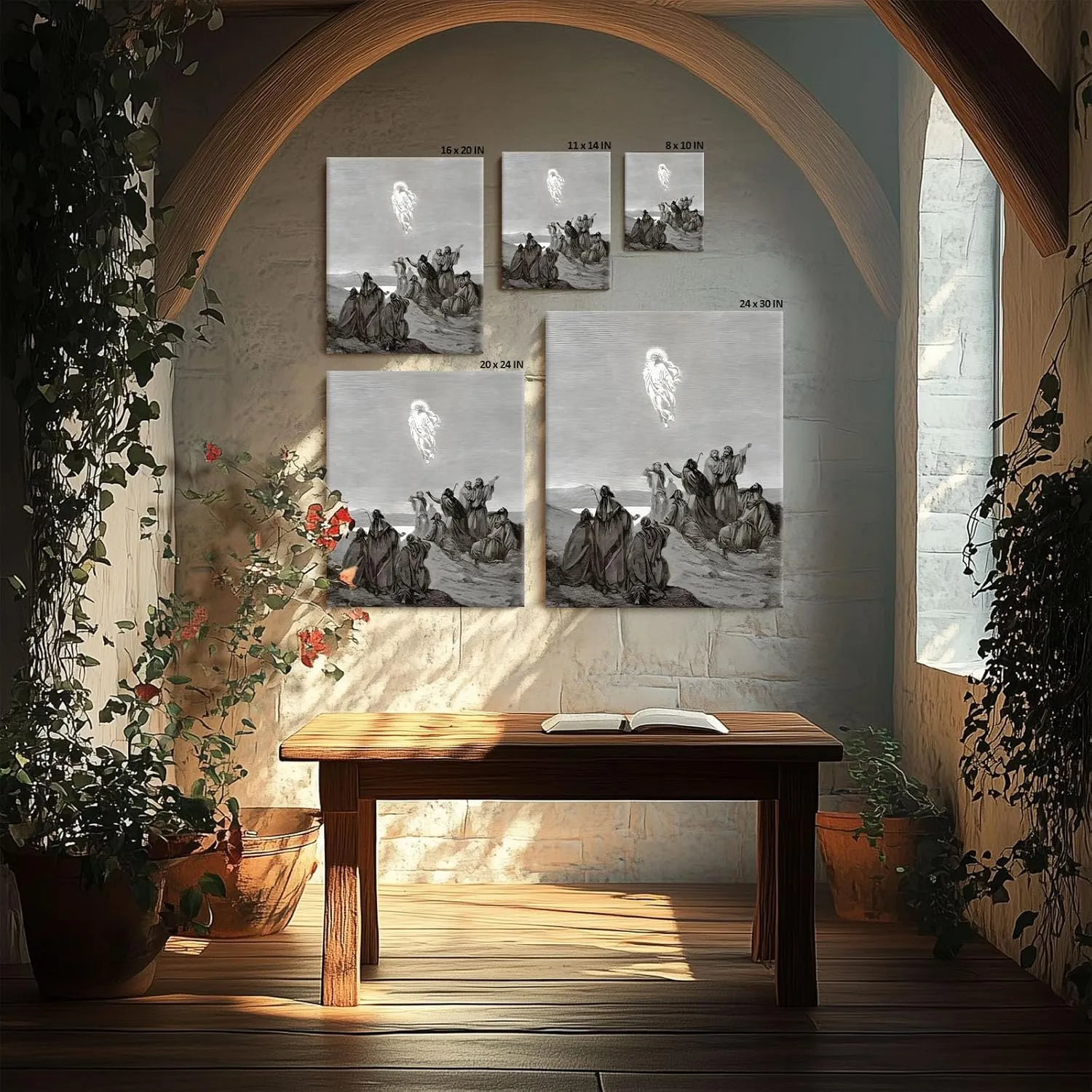 B.B.F MAKE Sacred Framed Canvas Wall Art Classic Decor Jesus Ascending with Disciples Poster Prints Engraved Oil Painting Antique Artwork for Praying Room Chapel Study Wall Home Decoration, 8x10inch