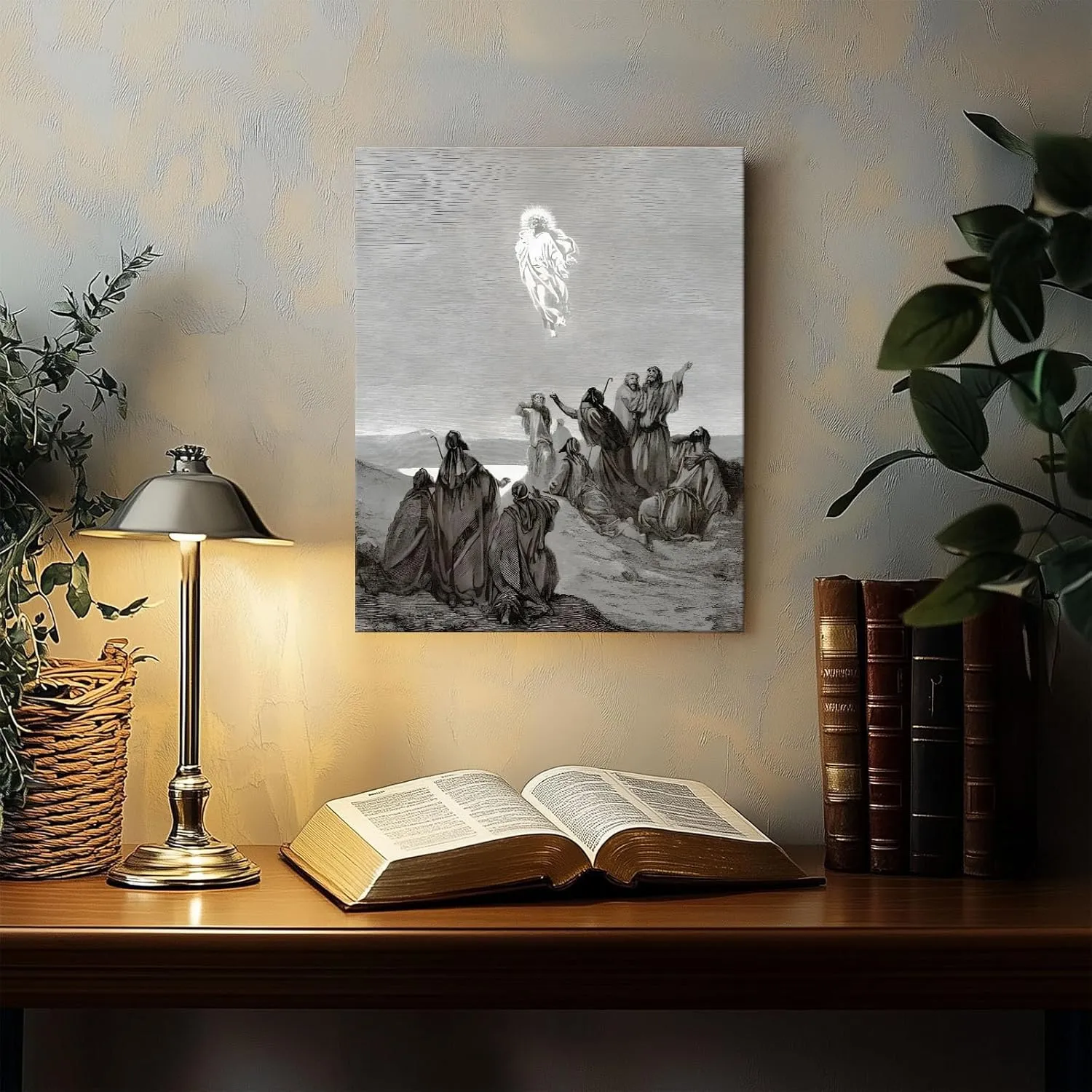 B.B.F MAKE Sacred Framed Canvas Wall Art Classic Decor Jesus Ascending with Disciples Poster Prints Engraved Oil Painting Antique Artwork for Praying Room Chapel Study Wall Home Decoration, 8x10inch