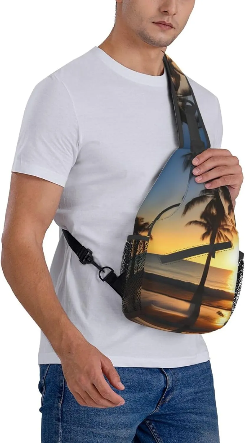 Beach Sunrise And Backlit Palm Tree Crossbody Bag Chest Shoulder Bag Small Casual Backpack Suitable For Women Men Hiking