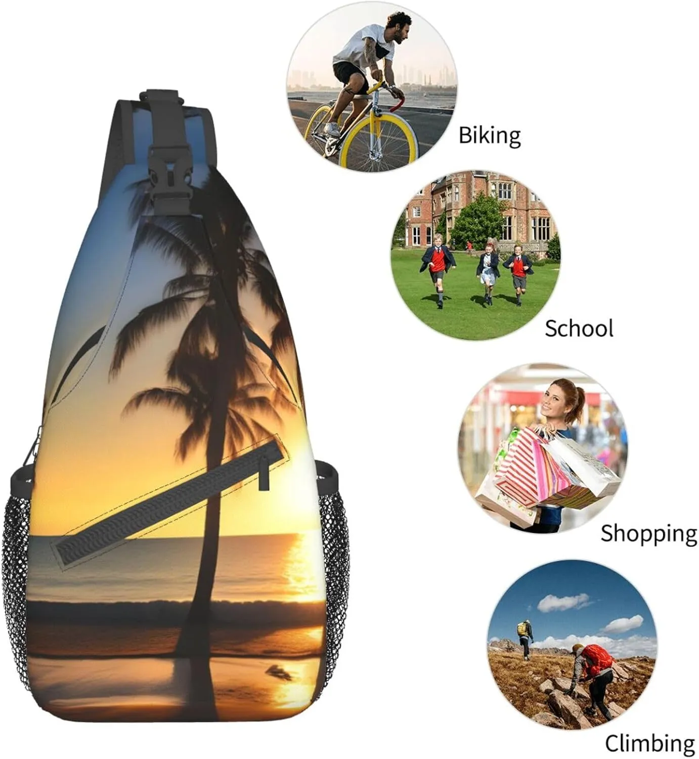 Beach Sunrise And Backlit Palm Tree Crossbody Bag Chest Shoulder Bag Small Casual Backpack Suitable For Women Men Hiking