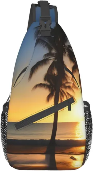 Beach Sunrise And Backlit Palm Tree Crossbody Bag Chest Shoulder Bag Small Casual Backpack Suitable For Women Men Hiking