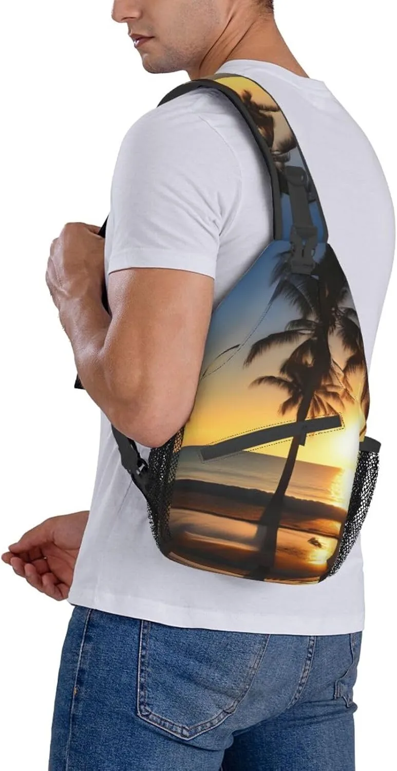 Beach Sunrise And Backlit Palm Tree Crossbody Bag Chest Shoulder Bag Small Casual Backpack Suitable For Women Men Hiking