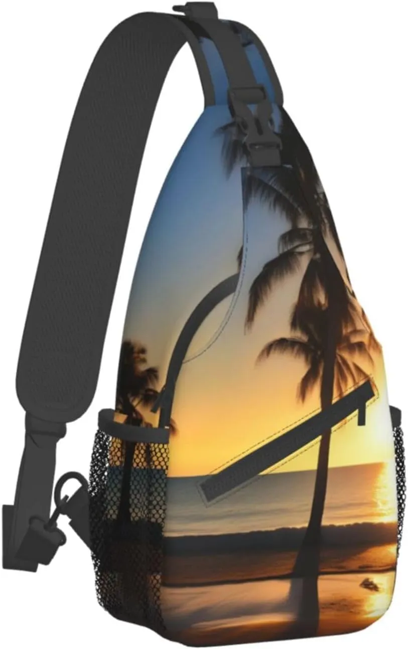 Beach Sunrise And Backlit Palm Tree Crossbody Bag Chest Shoulder Bag Small Casual Backpack Suitable For Women Men Hiking