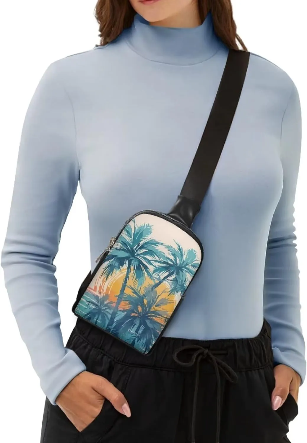 Beach Sunset Palm Print Sling Bag for Women Painting Palm Tree Printed Lightweight Crossbody Shoulder Tote Belt Bags, Hawaii Style Zipper Crossbody Waist Bag Chest Pack