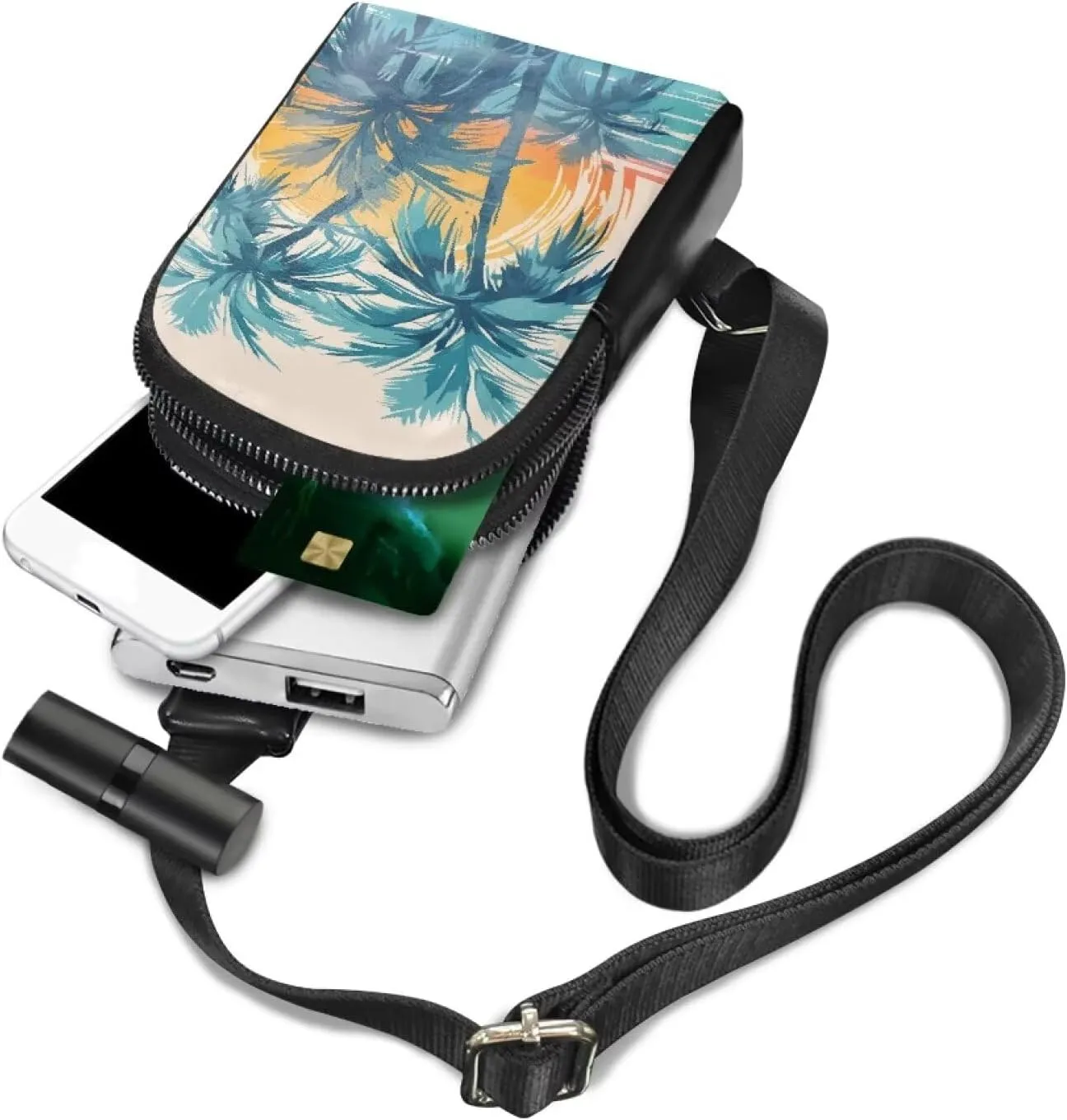 Beach Sunset Palm Print Sling Bag for Women Painting Palm Tree Printed Lightweight Crossbody Shoulder Tote Belt Bags, Hawaii Style Zipper Crossbody Waist Bag Chest Pack