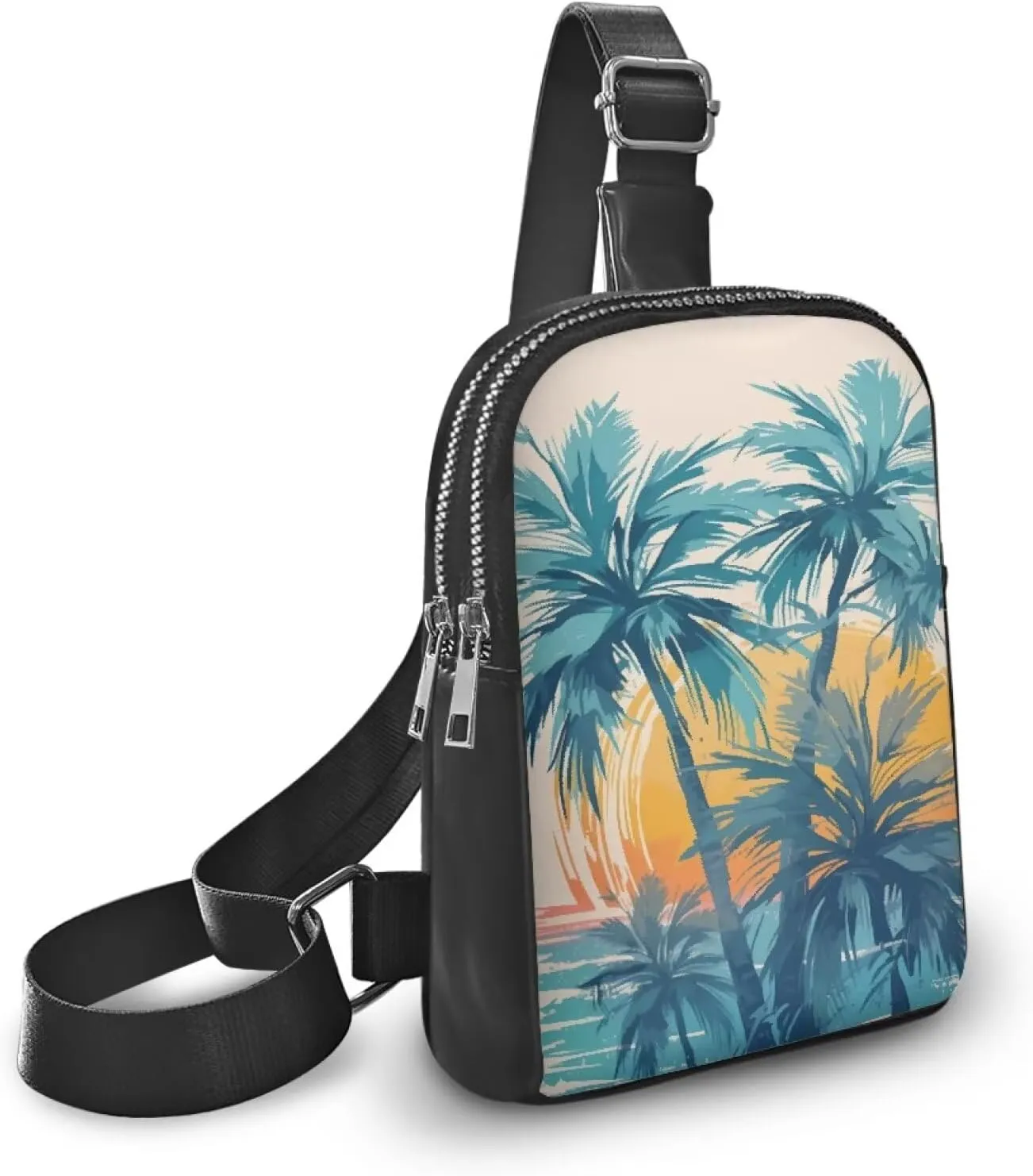 Beach Sunset Palm Print Sling Bag for Women Painting Palm Tree Printed Lightweight Crossbody Shoulder Tote Belt Bags, Hawaii Style Zipper Crossbody Waist Bag Chest Pack