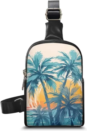Beach Sunset Palm Print Sling Bag for Women Painting Palm Tree Printed Lightweight Crossbody Shoulder Tote Belt Bags, Hawaii Style Zipper Crossbody Waist Bag Chest Pack