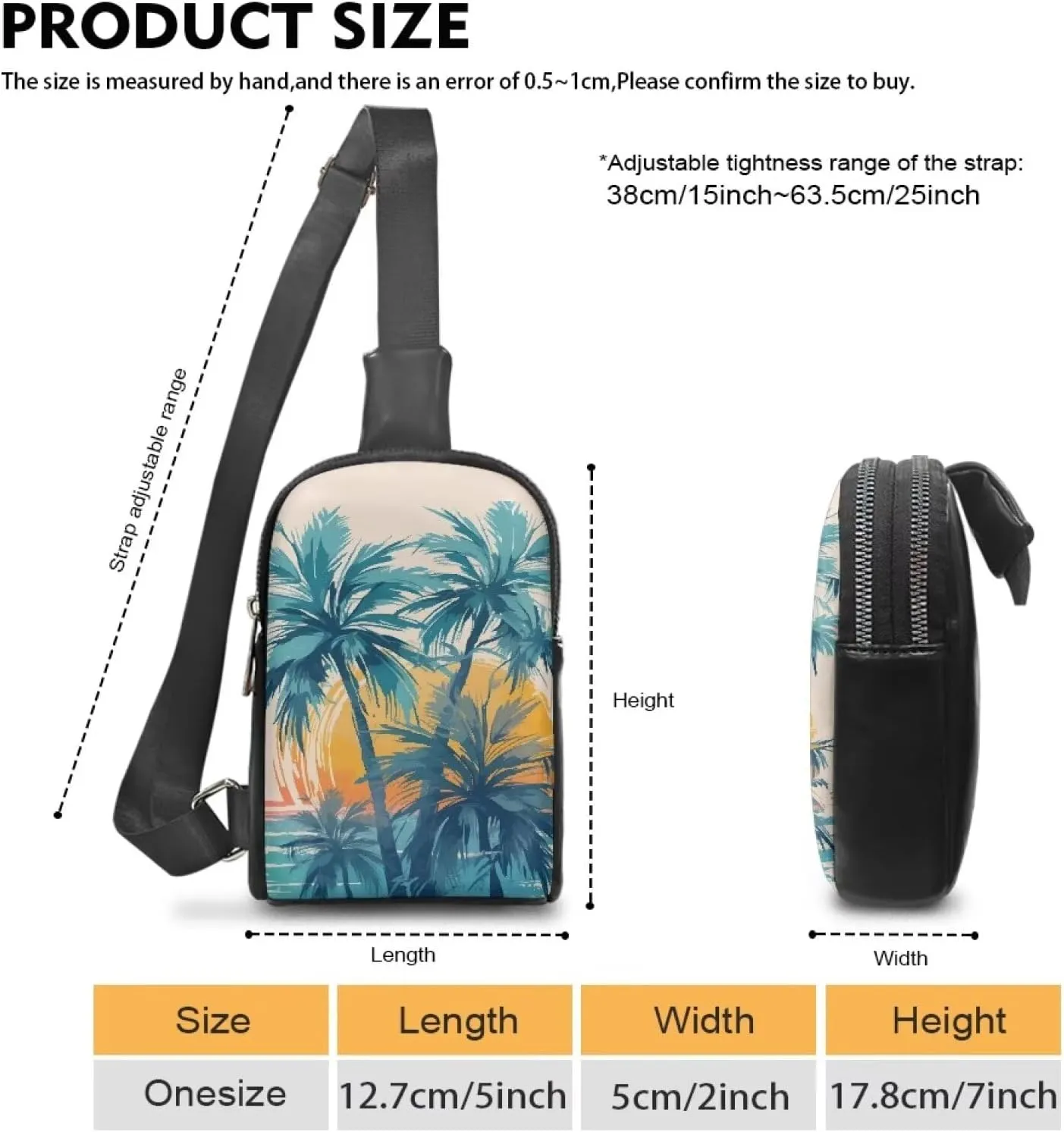 Beach Sunset Palm Print Sling Bag for Women Painting Palm Tree Printed Lightweight Crossbody Shoulder Tote Belt Bags, Hawaii Style Zipper Crossbody Waist Bag Chest Pack