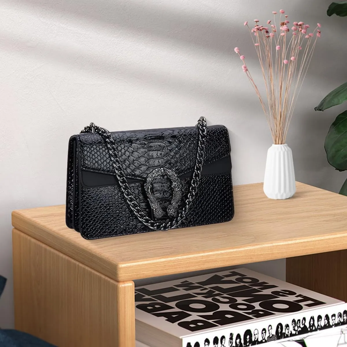 Bealin Women's Crossbody Shoulder Bag Retro Snake Print Square Satchel Handbag Chain Strap Clutch Leather Bag