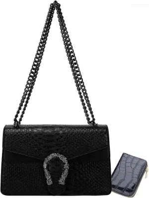 Bealin Women's Crossbody Shoulder Bag Retro Snake Print Square Satchel Handbag Chain Strap Clutch Leather Bag