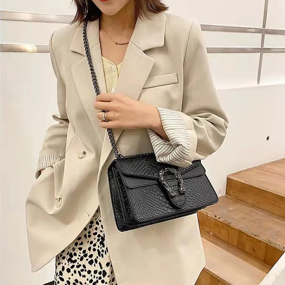 Bealin Women's Crossbody Shoulder Bag Retro Snake Print Square Satchel Handbag Chain Strap Clutch Leather Bag