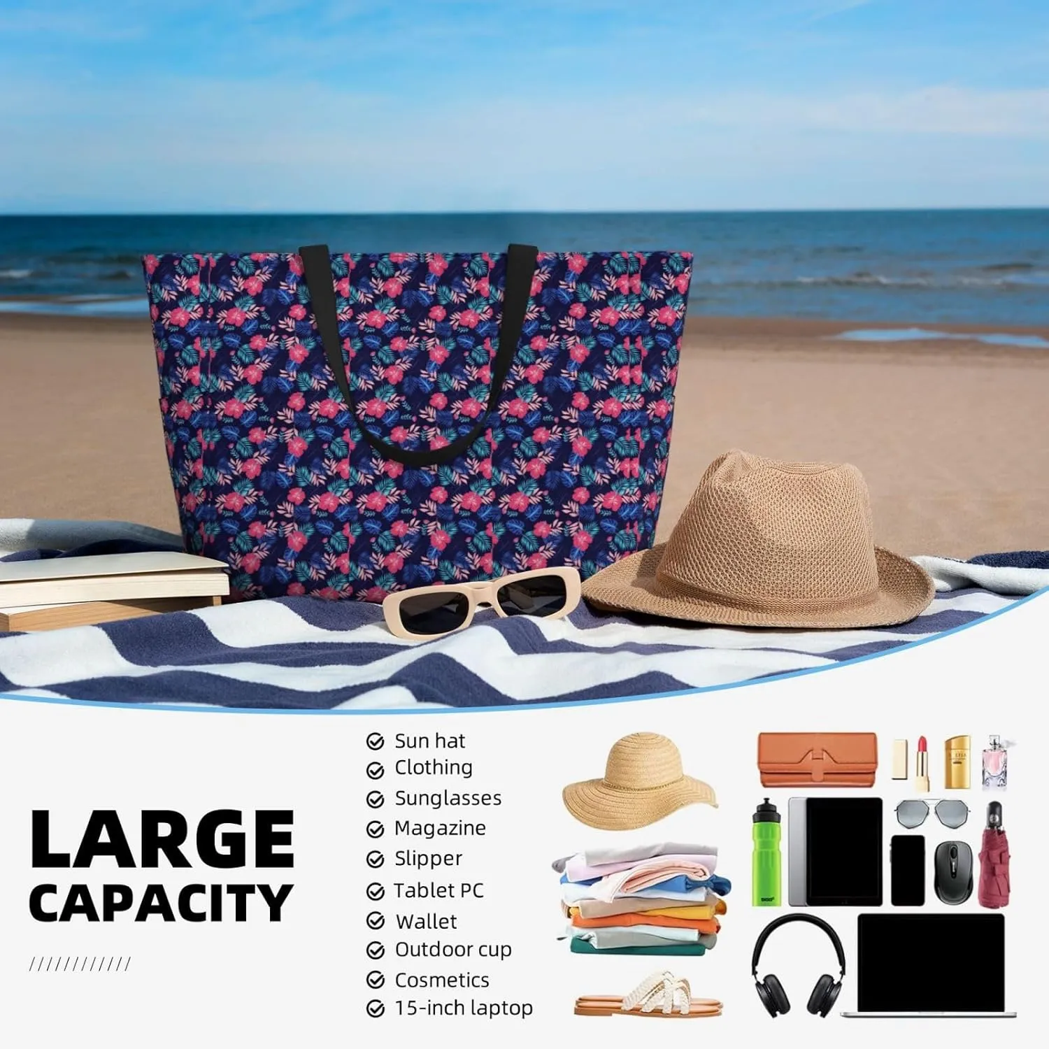 Beautiful floral pattern Large Capacity Travel Bag Lightweight Shopping Handbag Beach Tote Bags Casual Work Bag