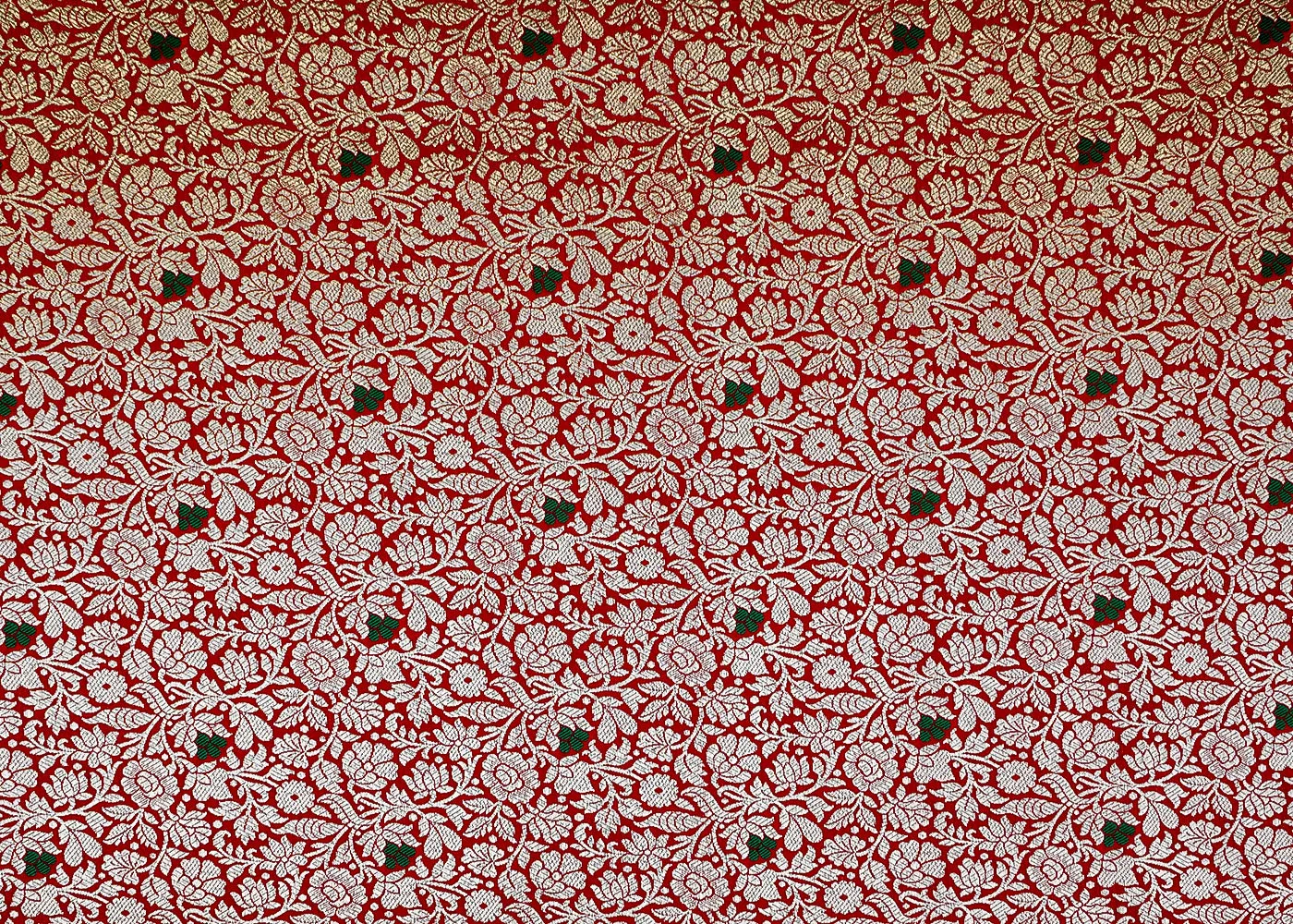 Beautiful Red Banarasi Brocade with Floral Silver Handloom